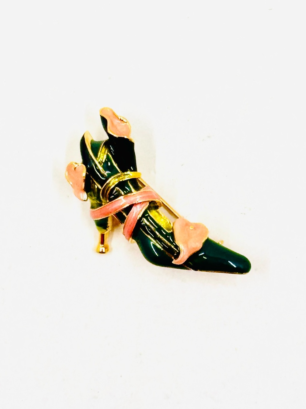 KJL Kenneth J Lane Victorian Style Green & Pink Enamel High Heel Shoe Brooch